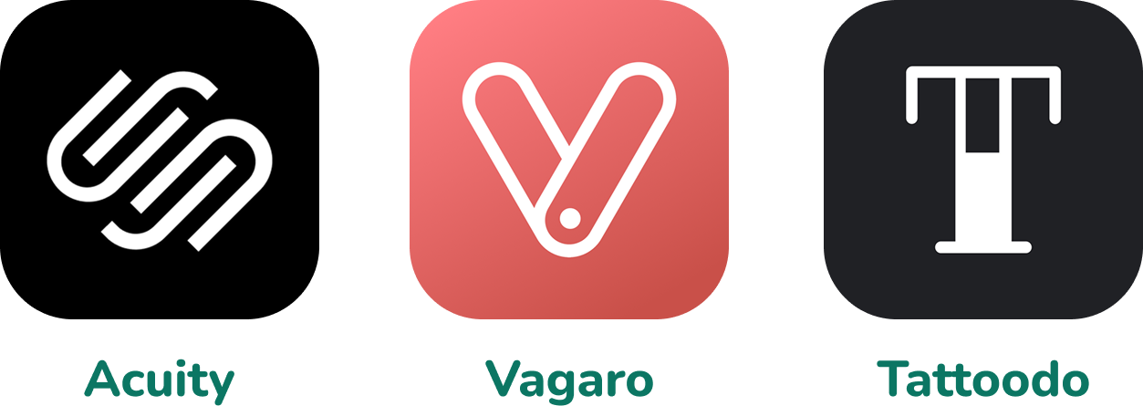 Logos of the analyzed platforms: Acuity, Vagaro, and Tattoodo