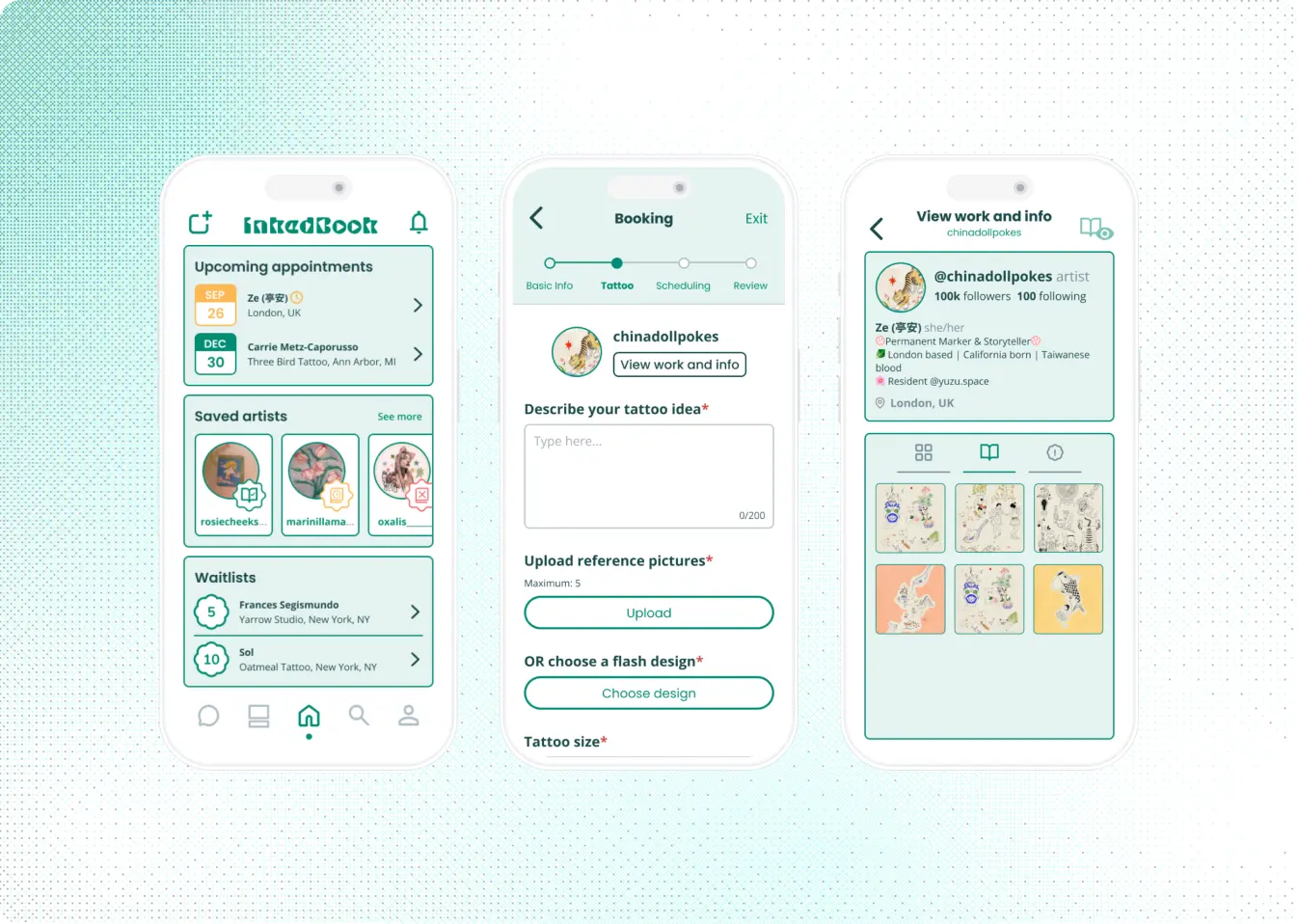 Inkedbook app screens for tattoo artist discovery and booking