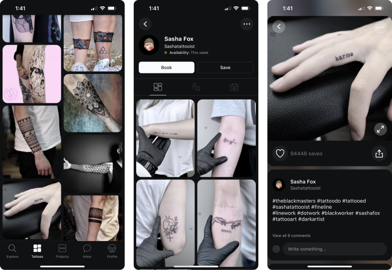 Three Tattoodo app screens: the Pinterest-like tattoo explore feed, an artist profile with Book and Save buttons, and a tattoo photo detail view
