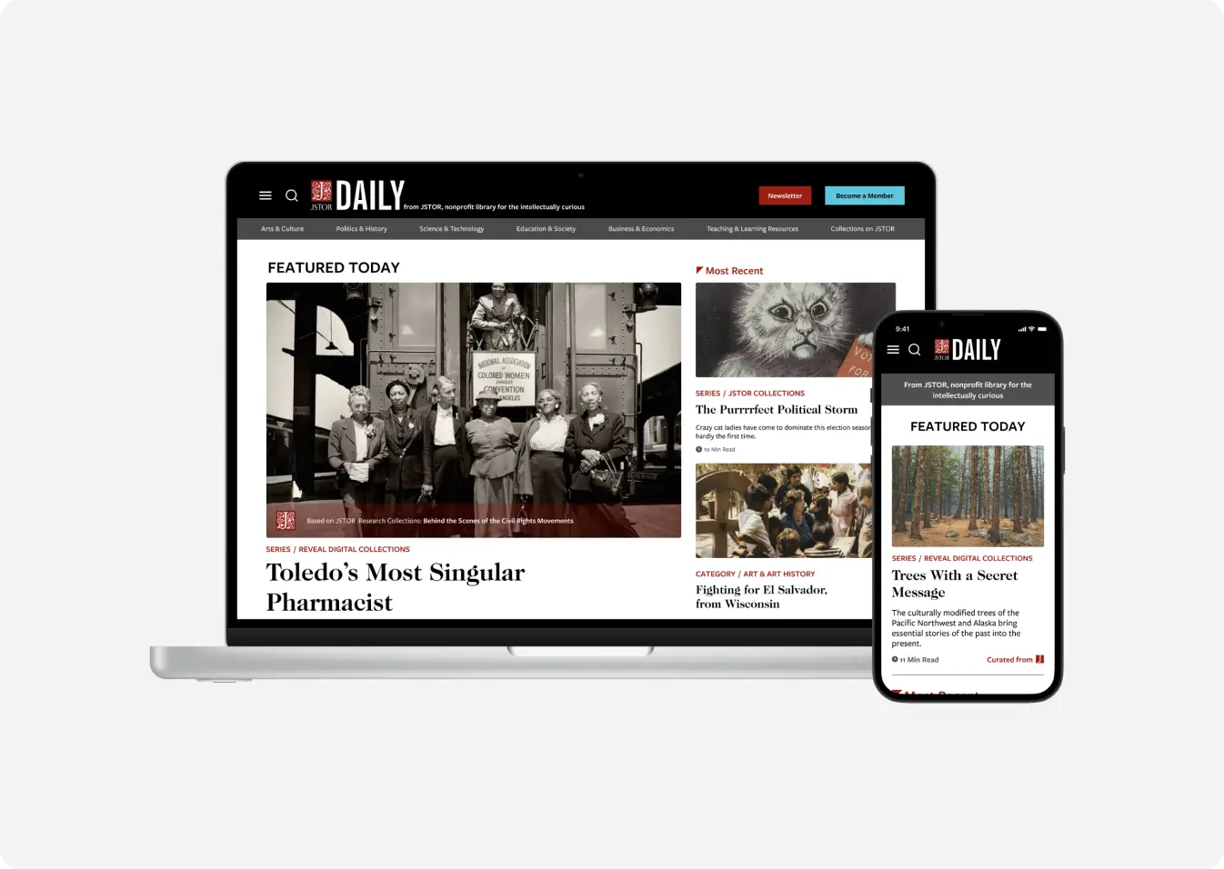 JSTOR Daily redesign shown on a laptop