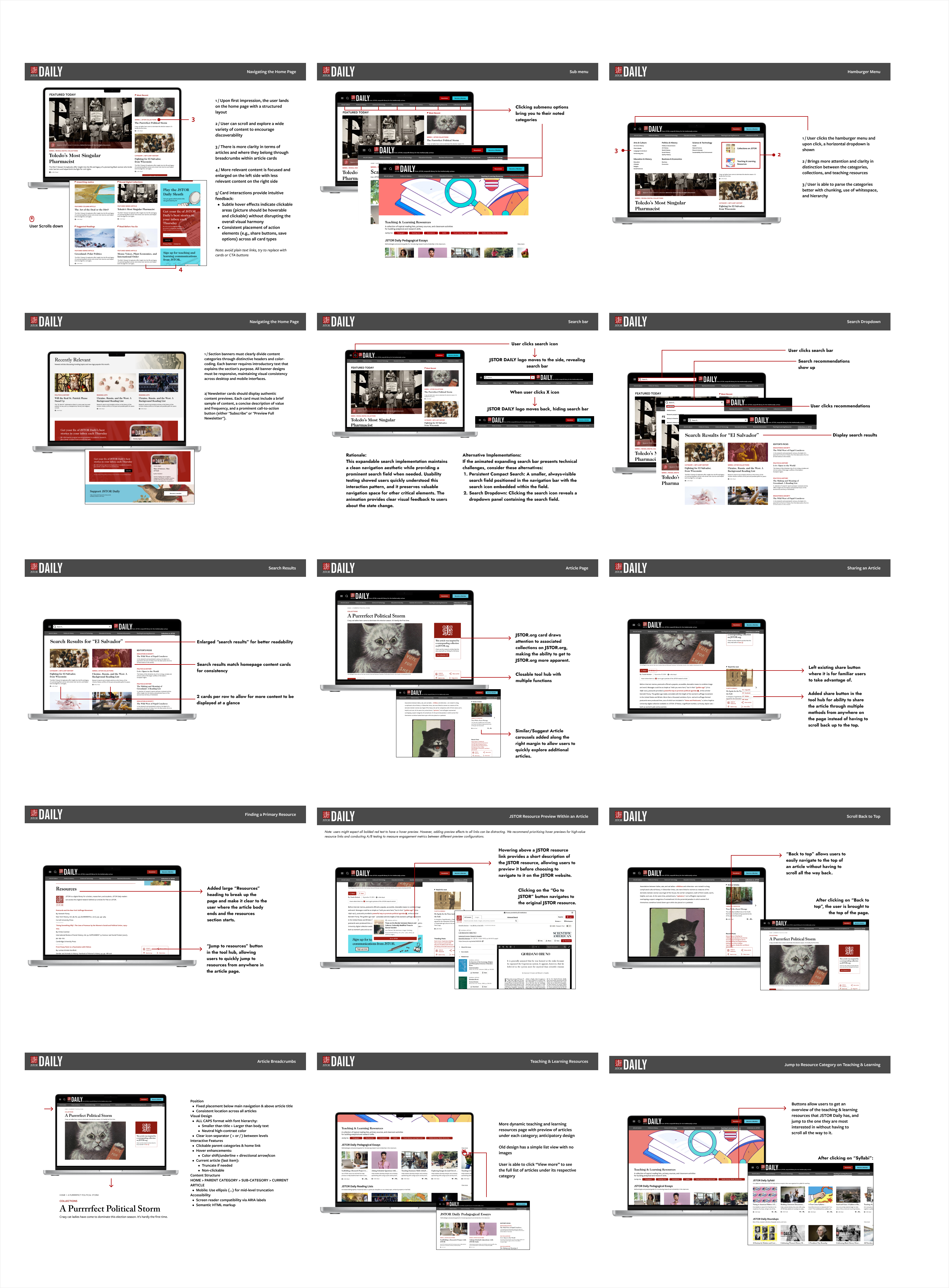 Grid of annotated UX specification pages covering the redesigned JSTOR Daily navigation, search, article pages, and teaching resources