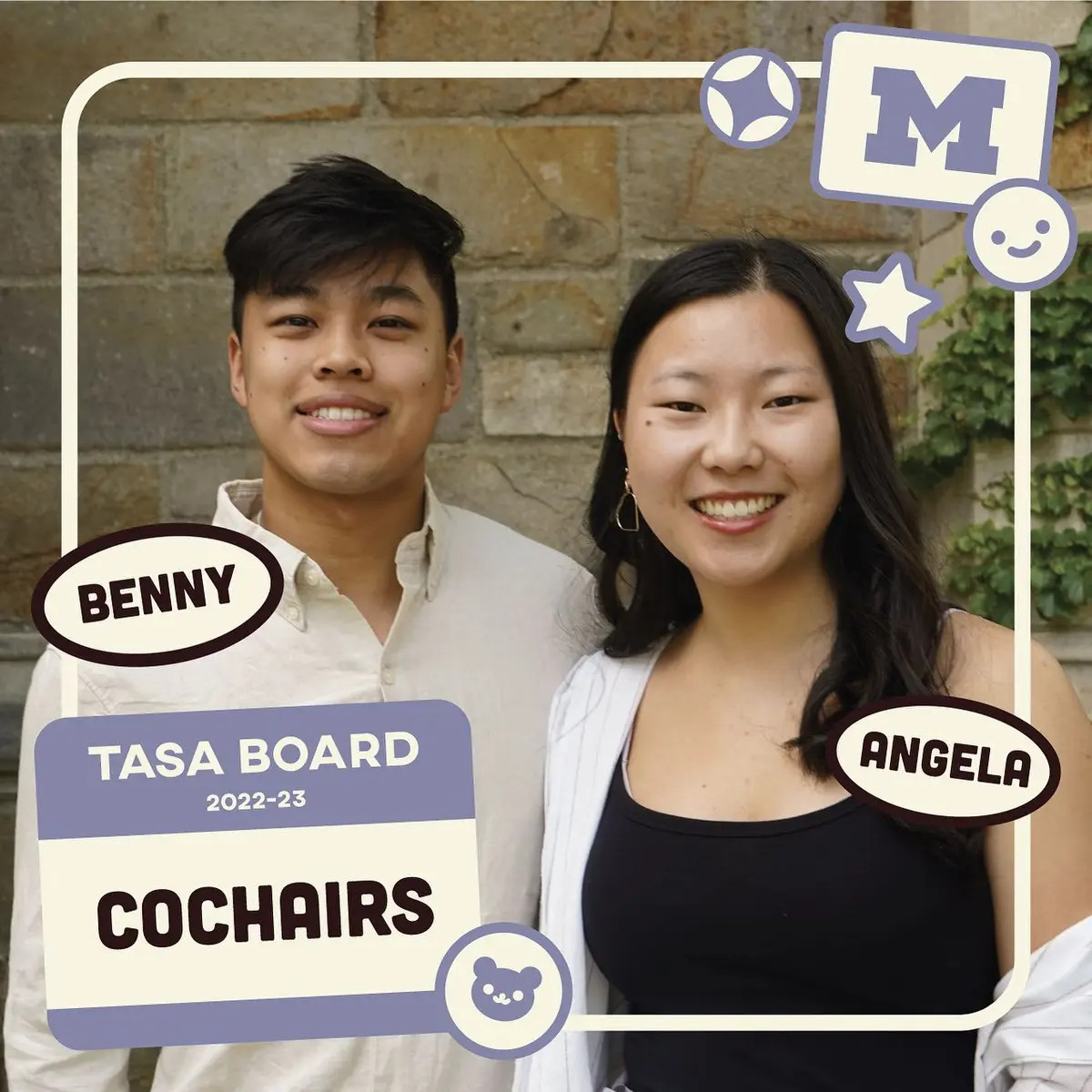 TASA Board 2022–23 cochairs introduction post, with name tags, a block M and playful icons framing a photo of the two cochairs