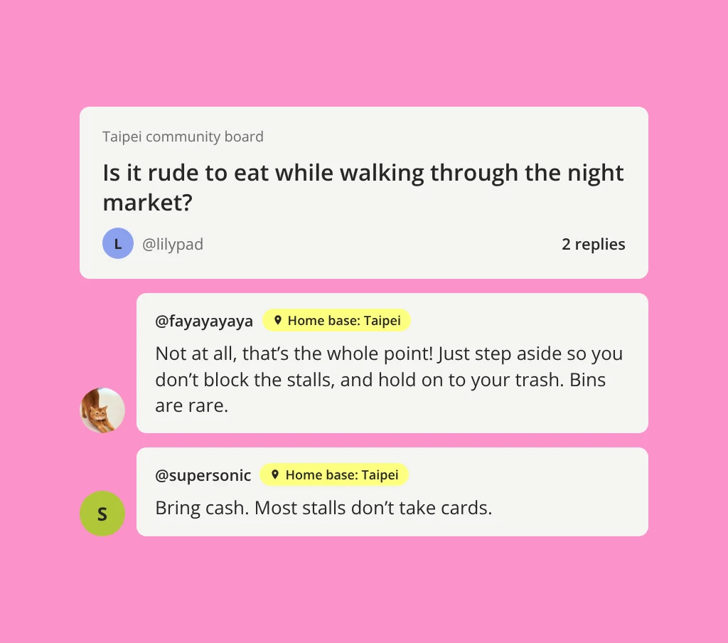 A Taipei community board question about night market etiquette with two replies from locals
