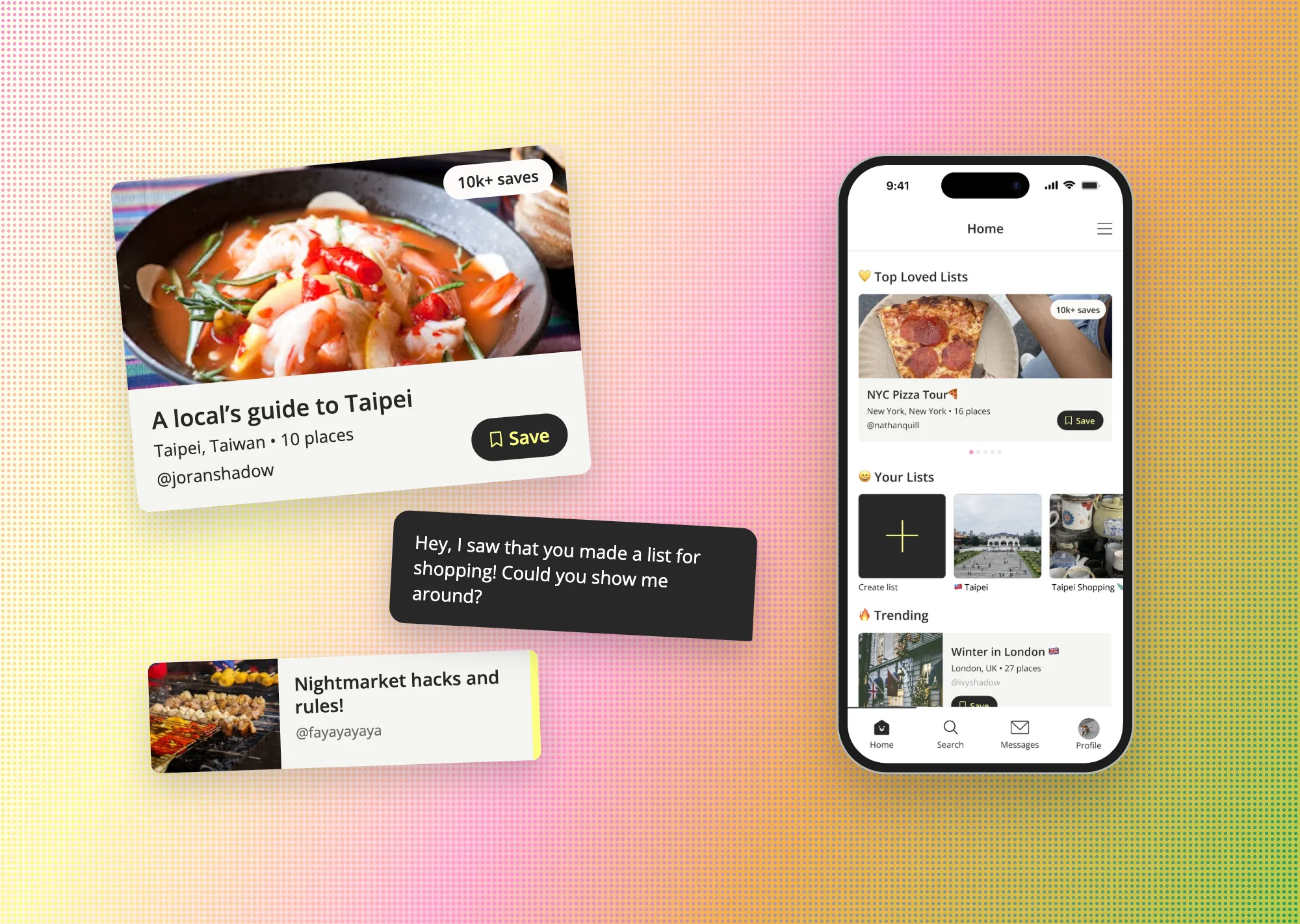 Wanderly list card, message, and travel tip beside the app's home screen