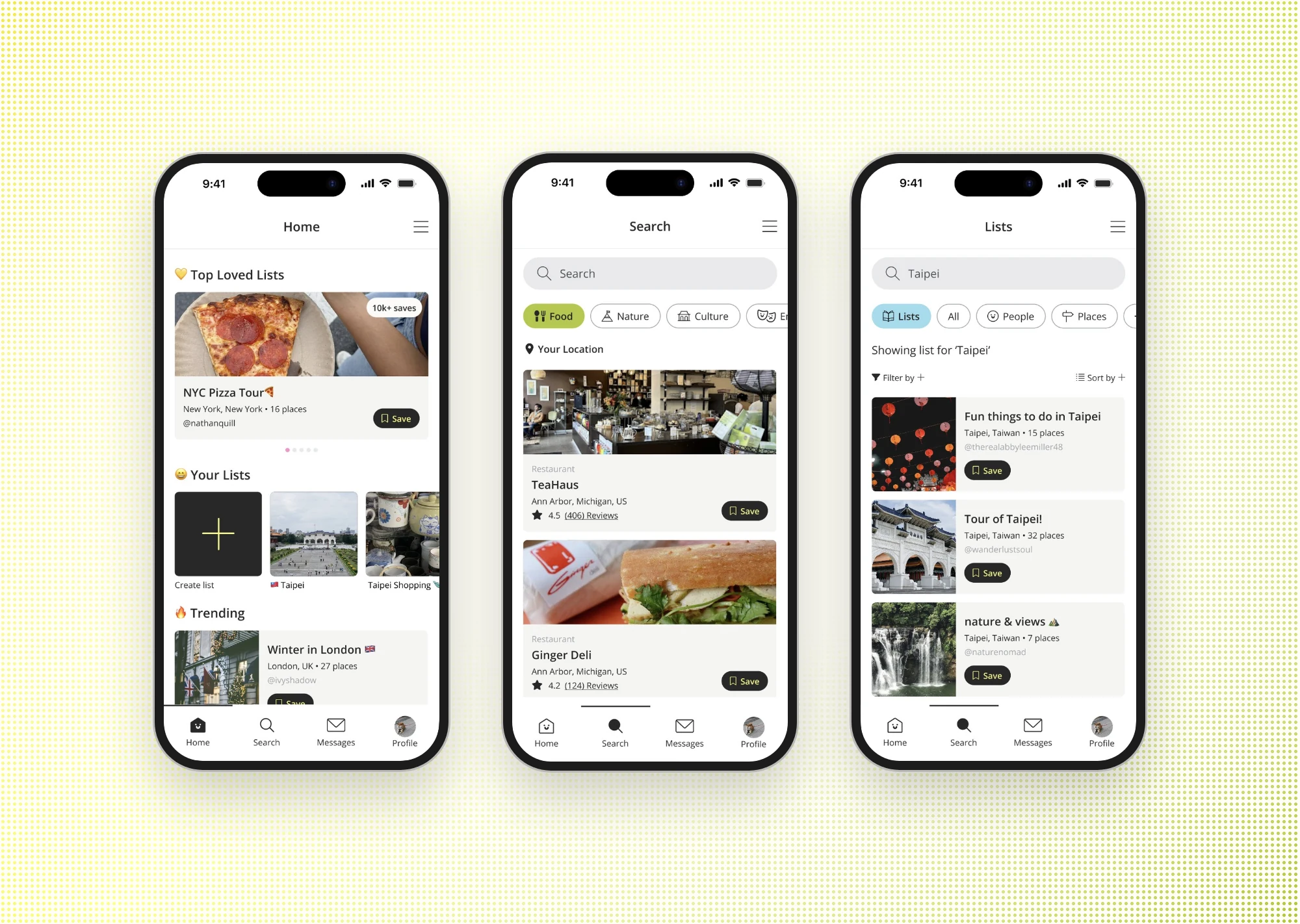 Three Wanderly screens: Home, Search, and Lists results for Taipei