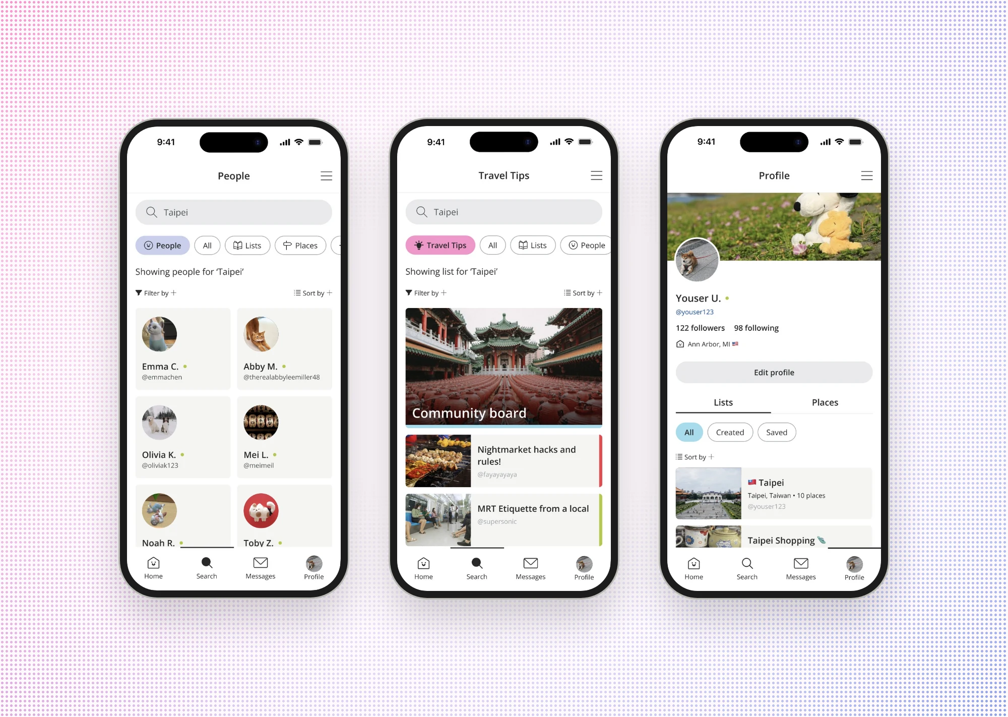 Three Wanderly screens: People results, Travel Tips with the community board, and Profile