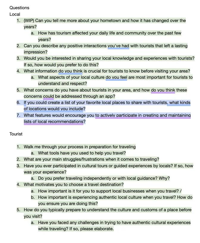 Interview question guide with separate questions for locals and tourists