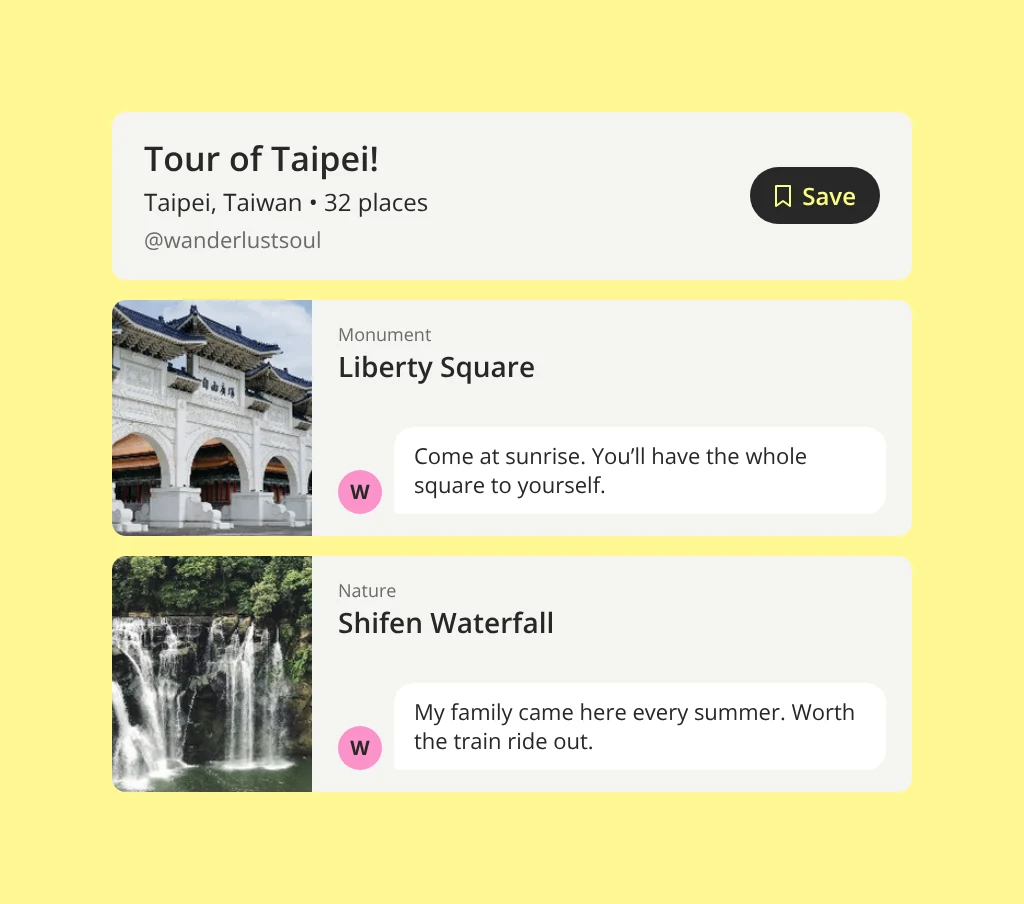 A travel list for Taipei where each place carries a personal memo from its creator