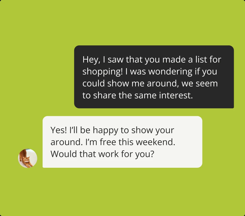 A message exchange where a traveler asks a local to show them around and the local agrees