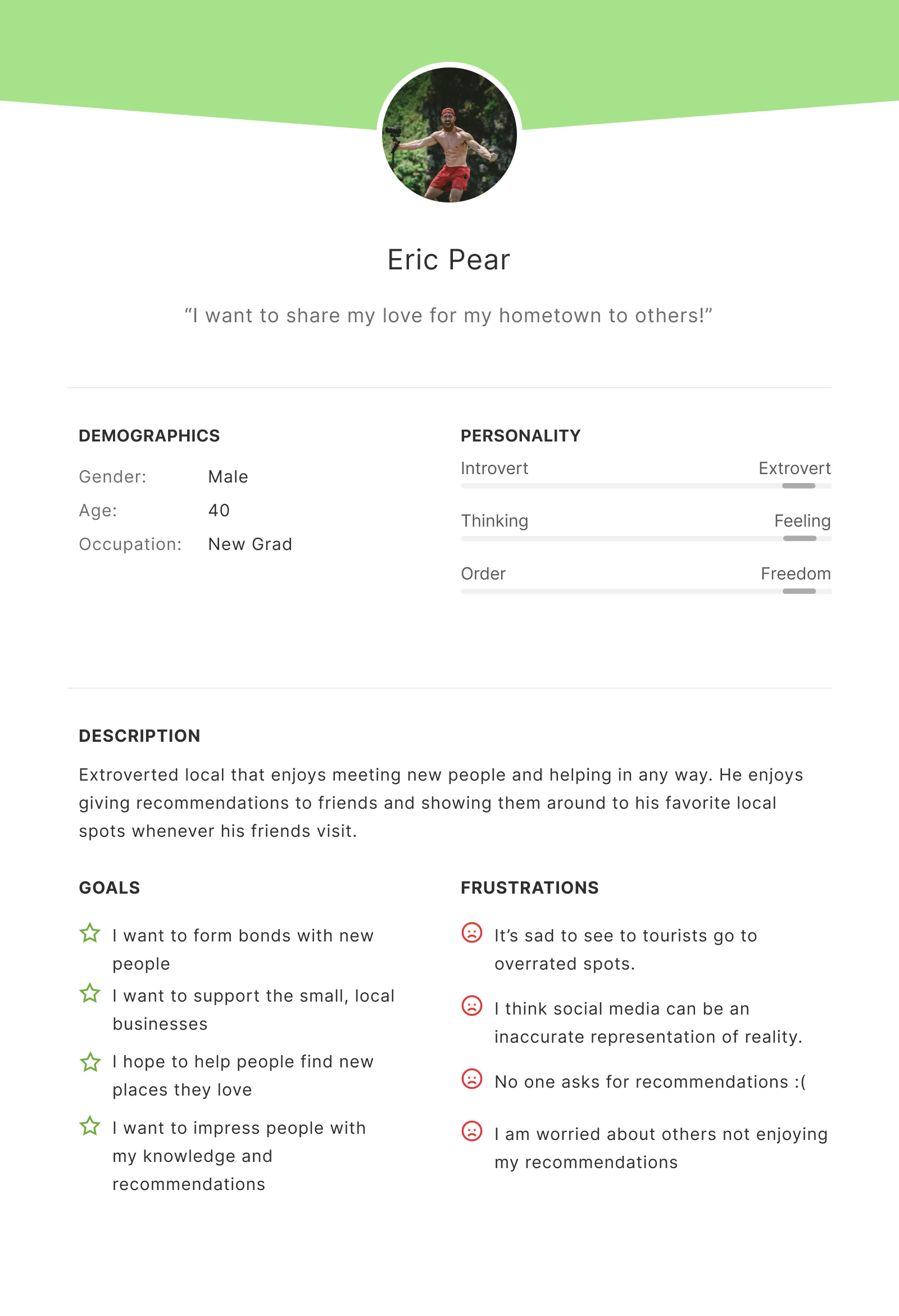 Persona: Eric Pear, the Excited Local, who wants to share his love for his hometown
