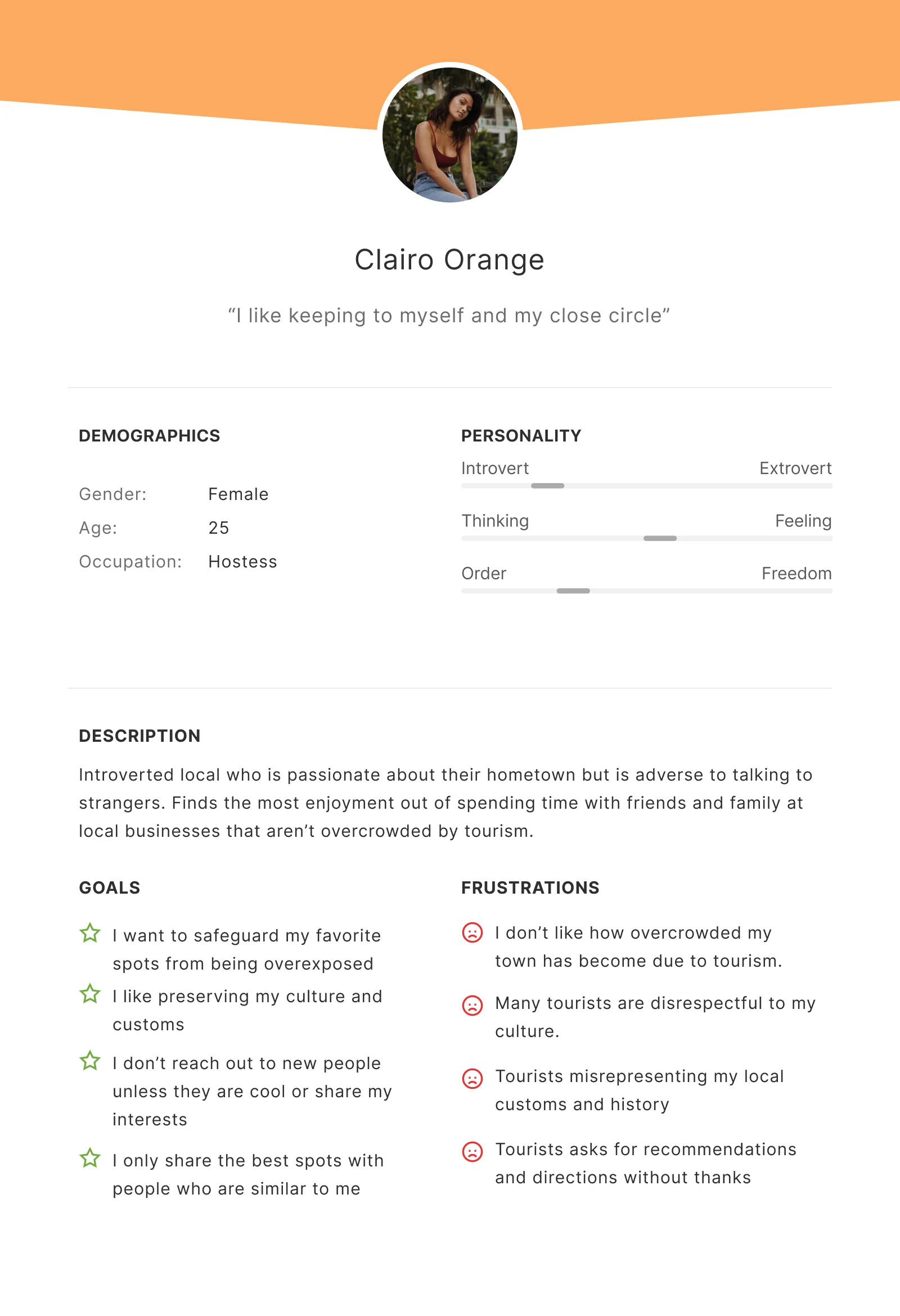 Persona: Clairo Orange, the Reclusive Local, who keeps to herself and her close circle