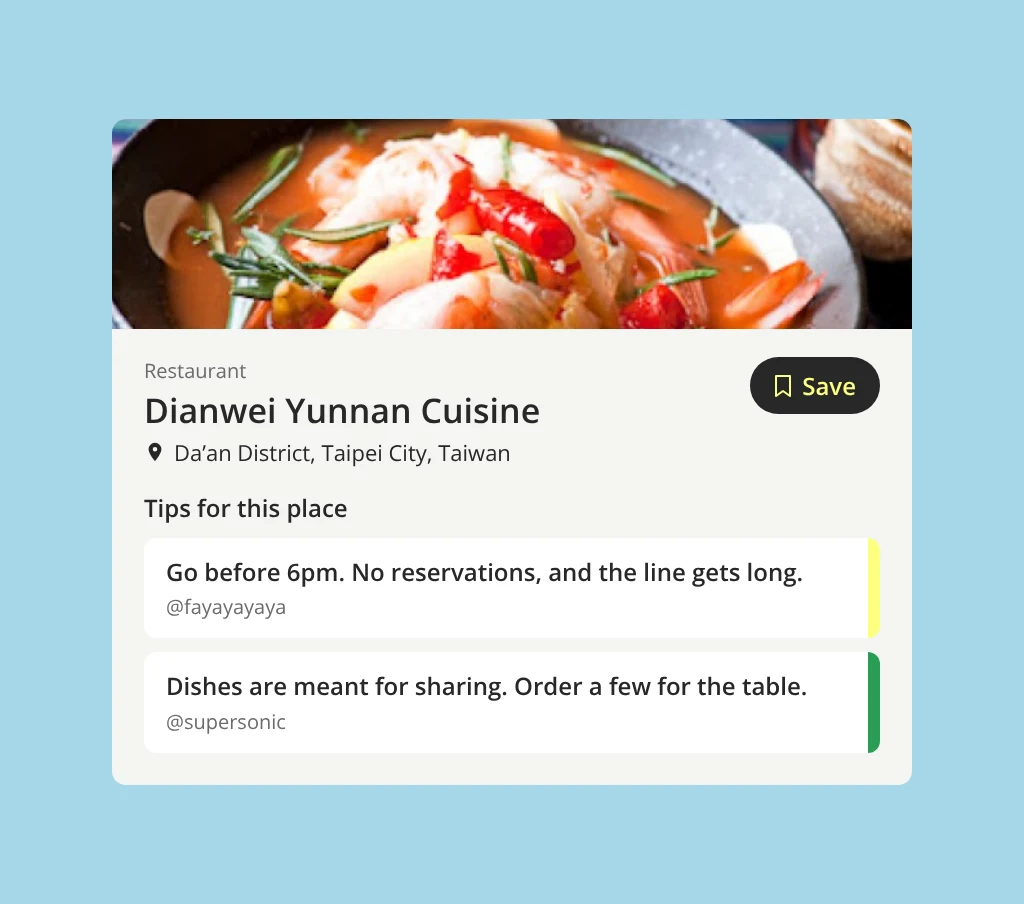 A restaurant page in Taipei showing two tips for the place from locals