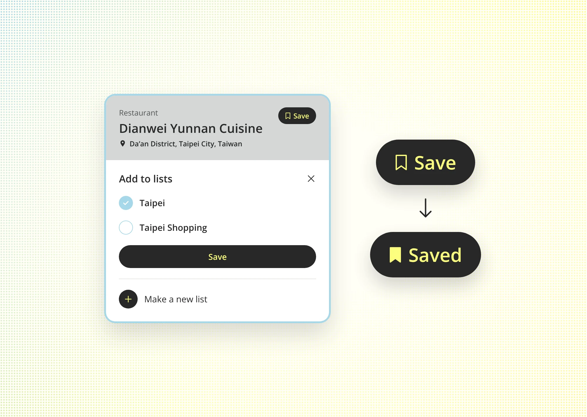 The add-to-lists sheet for a place next to the Save and Saved button states