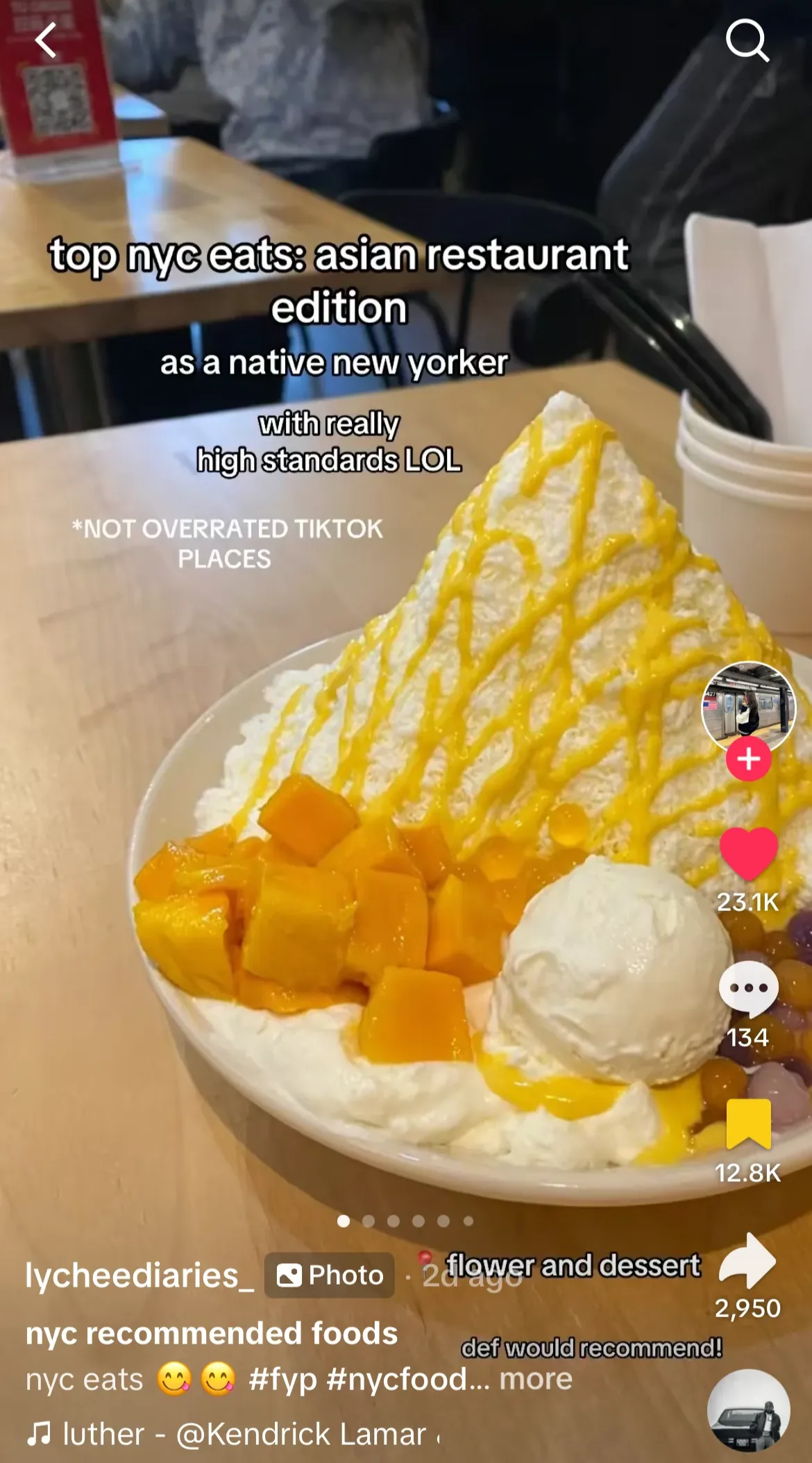 TikTok post of a native New Yorker's restaurant recommendations